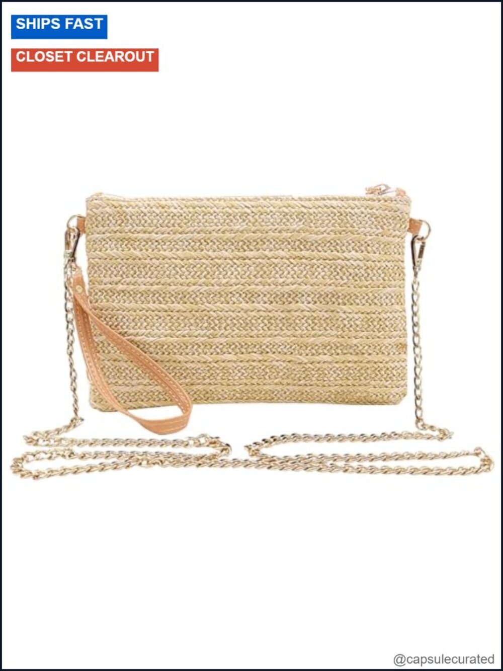 Straw Wristlet Clutch Crossbody Bag with Detachable Chain